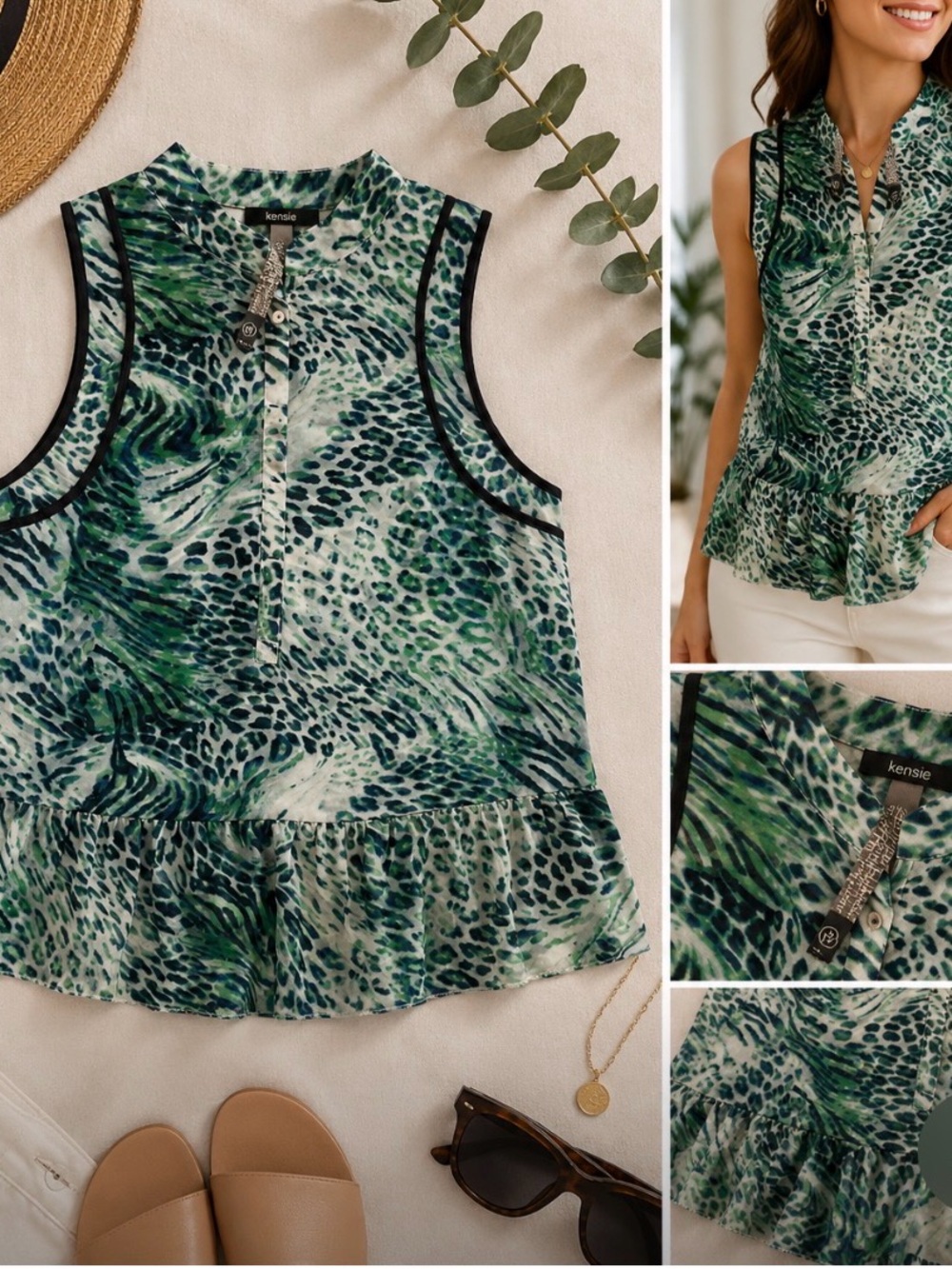 Kensie Green and Black Animal Print Sleeveless Peplum Camisole